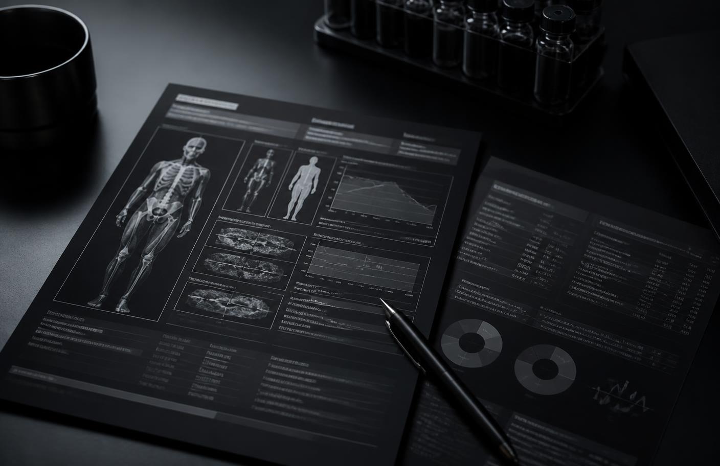 Body composition scan and biomarker reports on a dark desk